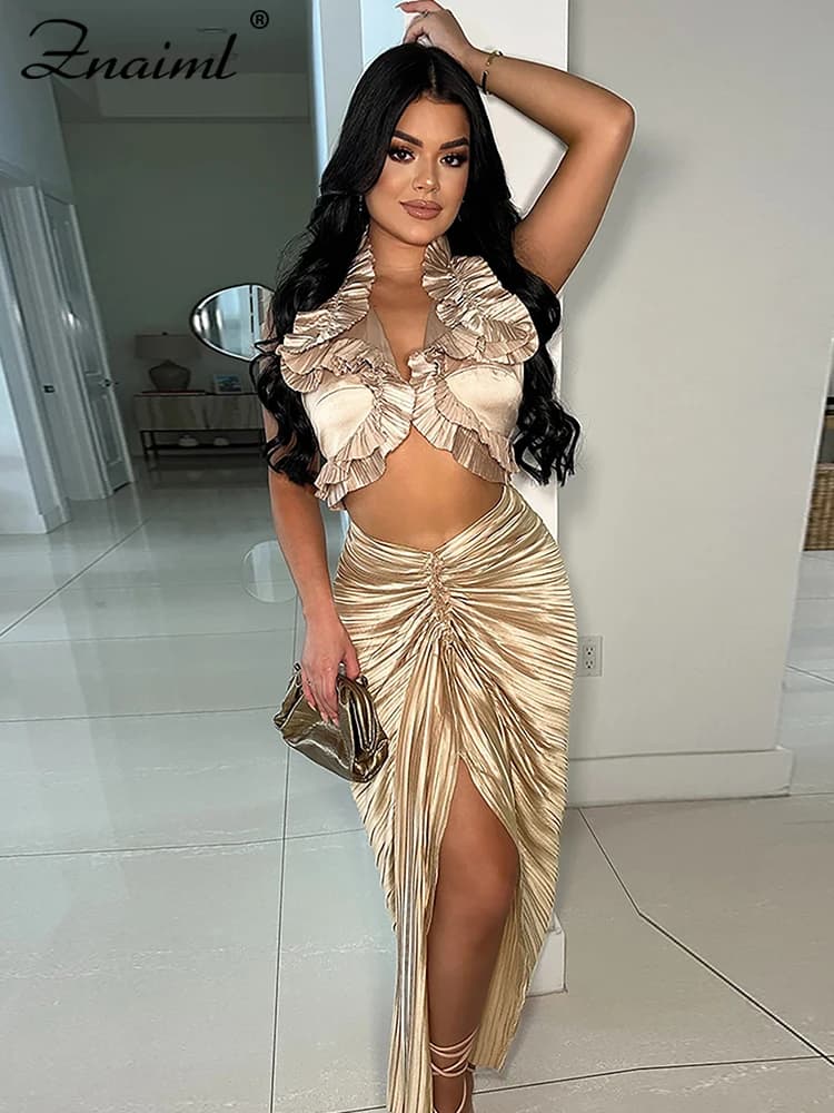 Znaiml Abiti da ballo Formali a pieghe Due 2 pezzi Top corto da donna e gonna a fessura alta Set con volant Abiti da night club sexy Compleanno