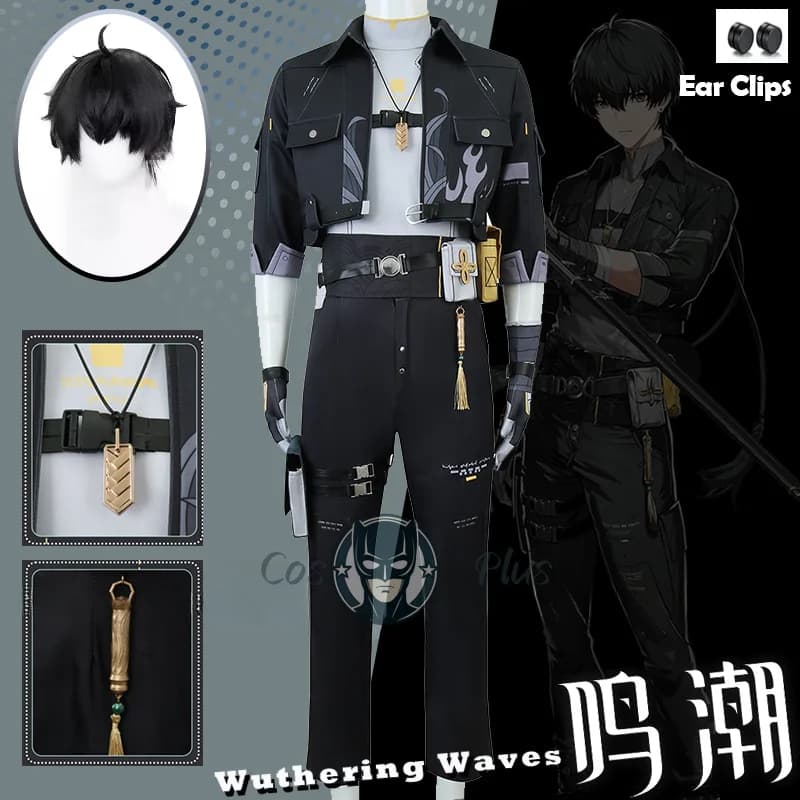 Wuthering Waves Rover Costume Cosplay maschile Parrucca Gioco Giacca risonatore Guanti uniformi Collana Borsa Clip per le orecchie Festa di Halloween Uomo