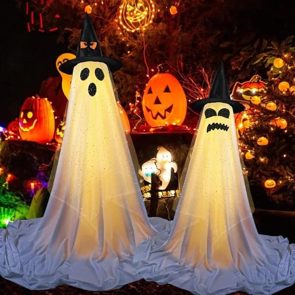 2 Packs Halloween Decorations Outdoor Indoor with Halloween Remote Control String Lights Party Supplies, Spooky Ghost Decor with Witch Hat, -Halloween Ghost Lights for Porches Yards Gardens Lawn