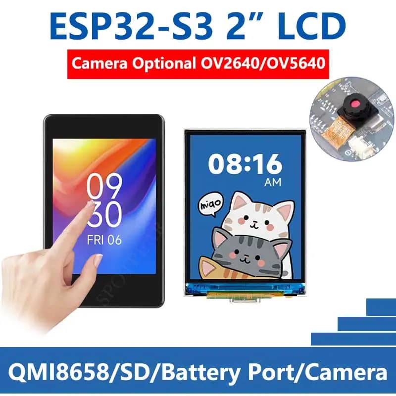 ESP32 S3 LCD camera development card 2 inch display Battery holder LVGL/QMI8658 / HMI for Arduino