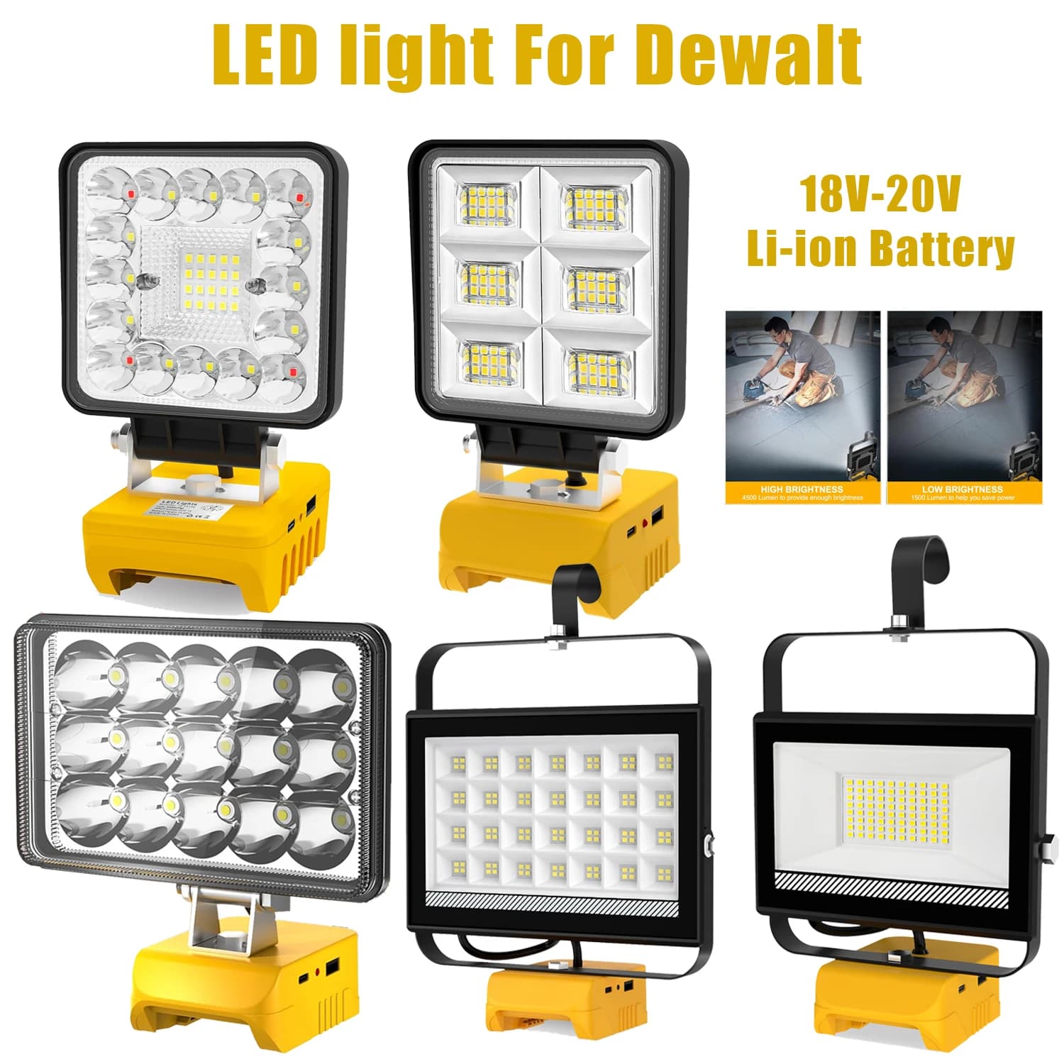 48W/60W/100W Portable LED Work Light Rechargeable LED Flood Light for Dewalt 18V-20V Li-ion Battery Cordless Work Light 6000k