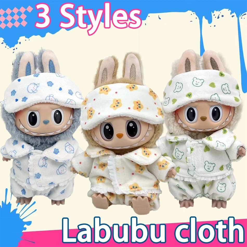 Pigiama in tessuto Labubu con maschera per gli occhi, set da tre pezzi, Kawaii, 15-17 cm, V1 V2, accessori per bambole di peluche Labubu, regalo per bambini