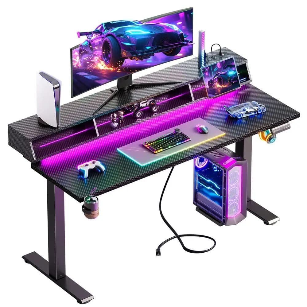Scrivania da Gaming Regolabile in Altezza con Luce LED, Tavolo Elettrico da 55 Pollici con Presa di Corrente e Supporto Monitor, Scrivania Sit-Stand