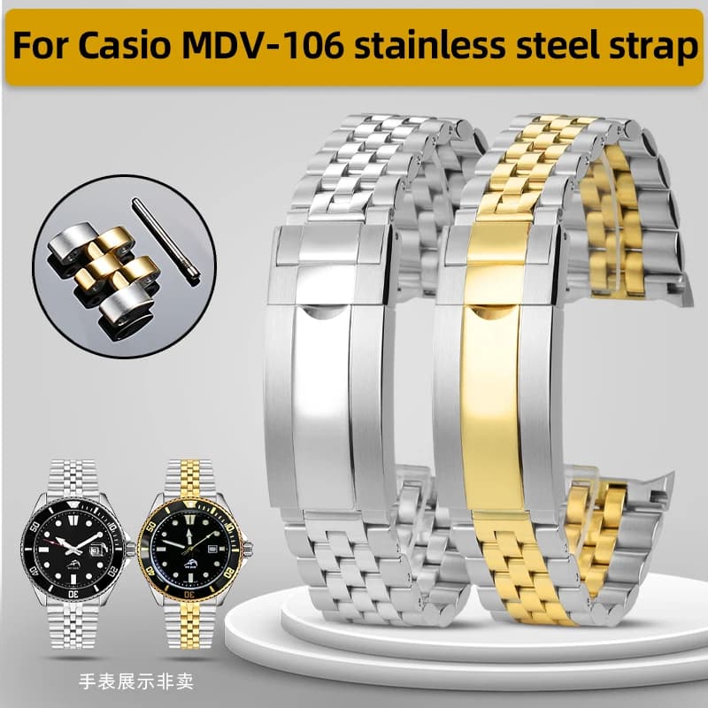 Rolamy 22mm Steel Solid Curved End Screw Links Oyster Clasp Jubilee Bracelet For Casio Duro 2784 MDV-106 MDV106G Watchband Strap