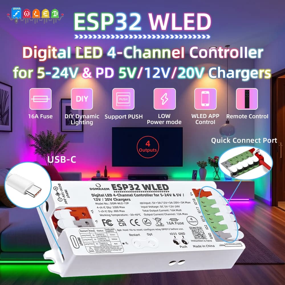 Controller LED digitale doppio PSU ESP32 WLED PD 5V/12V/20V e DC 5-24V con 4 uscite per LED pixel WS2811/12B APA102 di DOMRAEM
