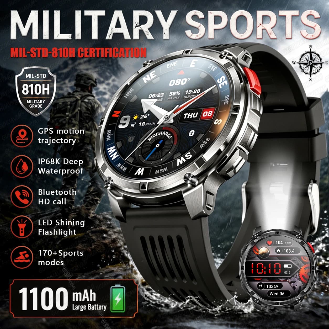 Nuovo Smartwatch Militare da Uomo con Bussola, Batteria da 1100mAh, Impermeabile, Torcia LED, Chiamate Bluetooth, Cardiofrequenzimetro, Orologio Sportivo Fitness