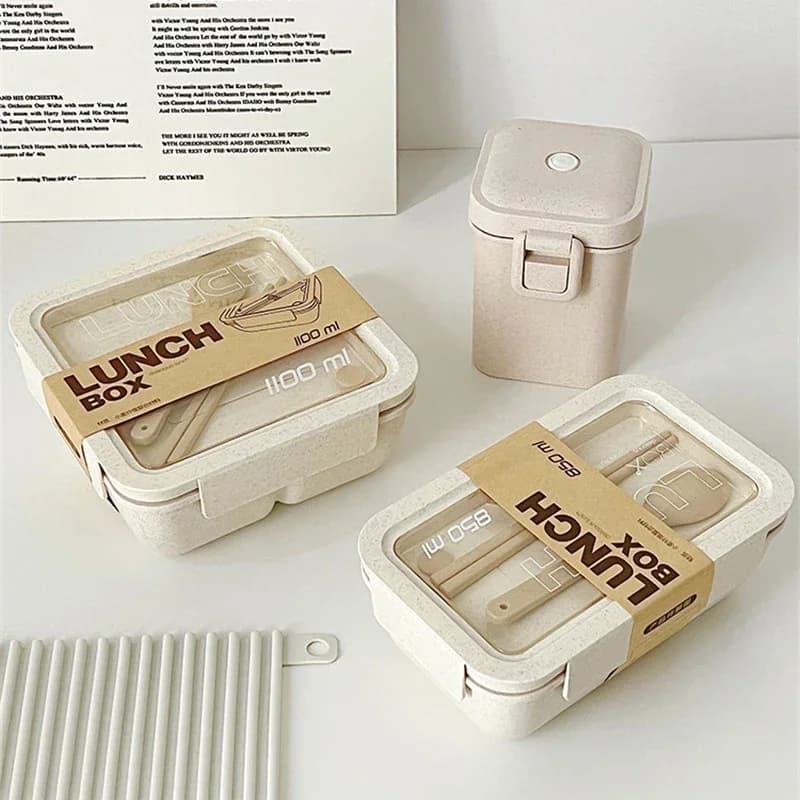 Lunch Box in paglia di grano da 1100 ml per bambini, scuola, adulti, ufficio, contenitore portatile per alimenti, Bento Box con bacchette cucchiaio