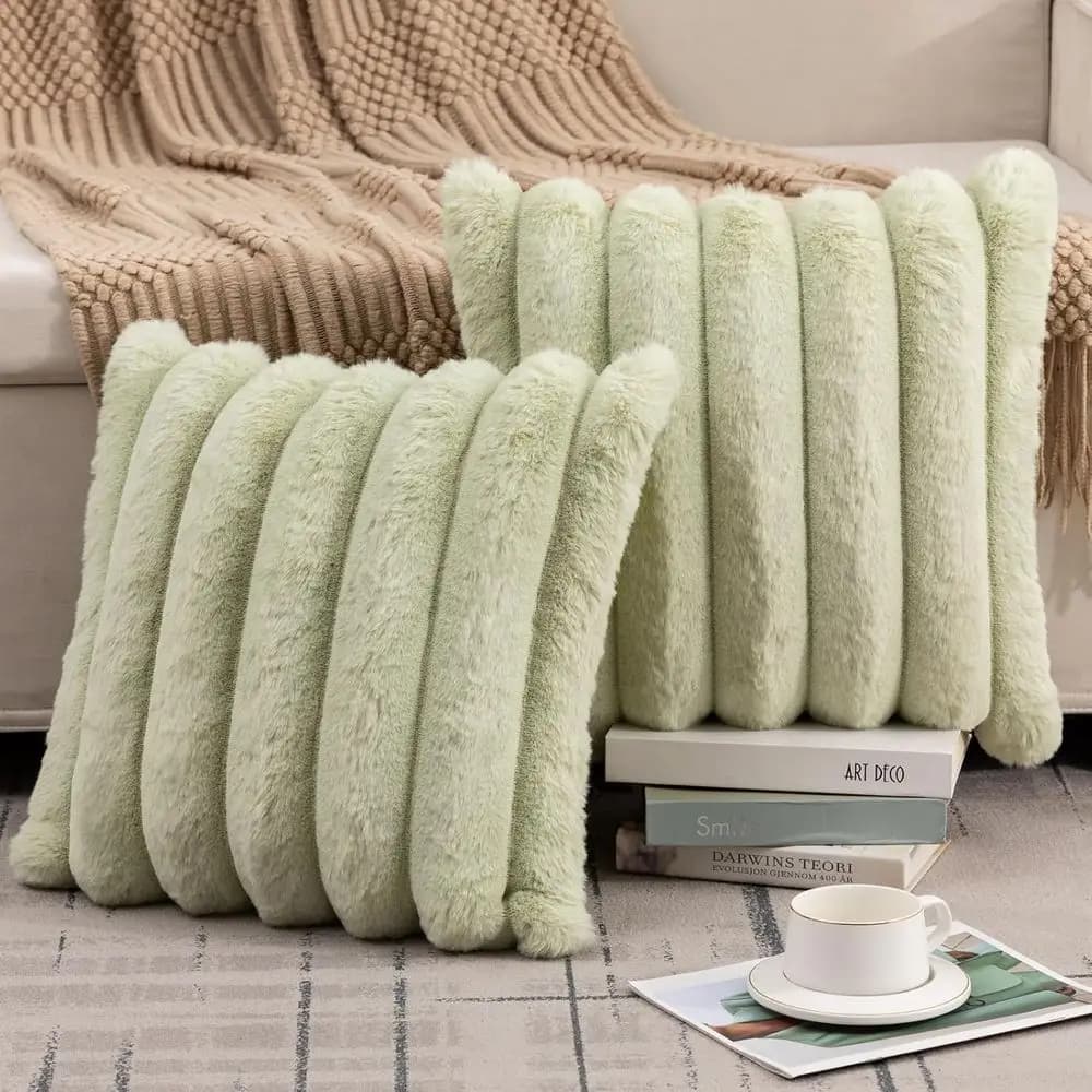 Fodera per cuscino in pelliccia sintetica Cuscino decorativo 18x18 Set di 2 fodere per cuscini verde salvia Decorazioni primaverili Cuscini per divano divano
