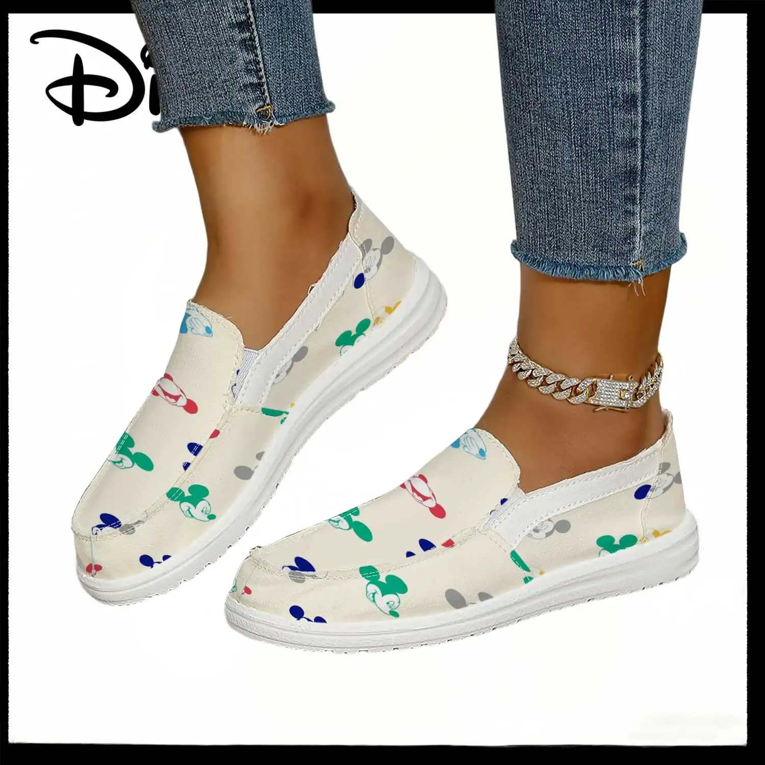 Scarpe slip-on da donna con stampa multicolore di Topolino Disney con licenza ufficiale – Comodi mocassini con simpatici personaggi dei cartoni animati