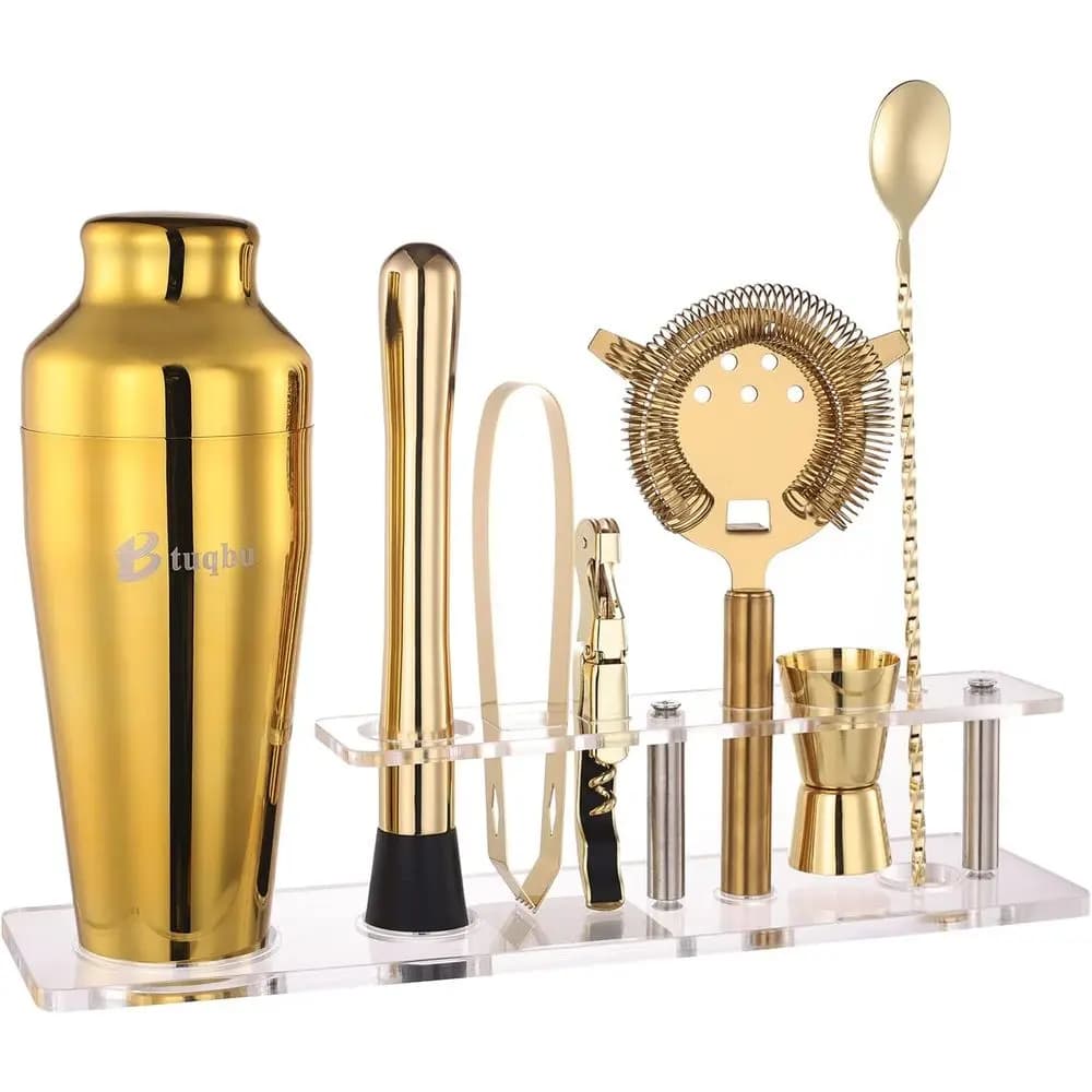 Set Shaker per Cocktail in Oro con Supporto in Acrilico e 7 Utensili per Mixology
