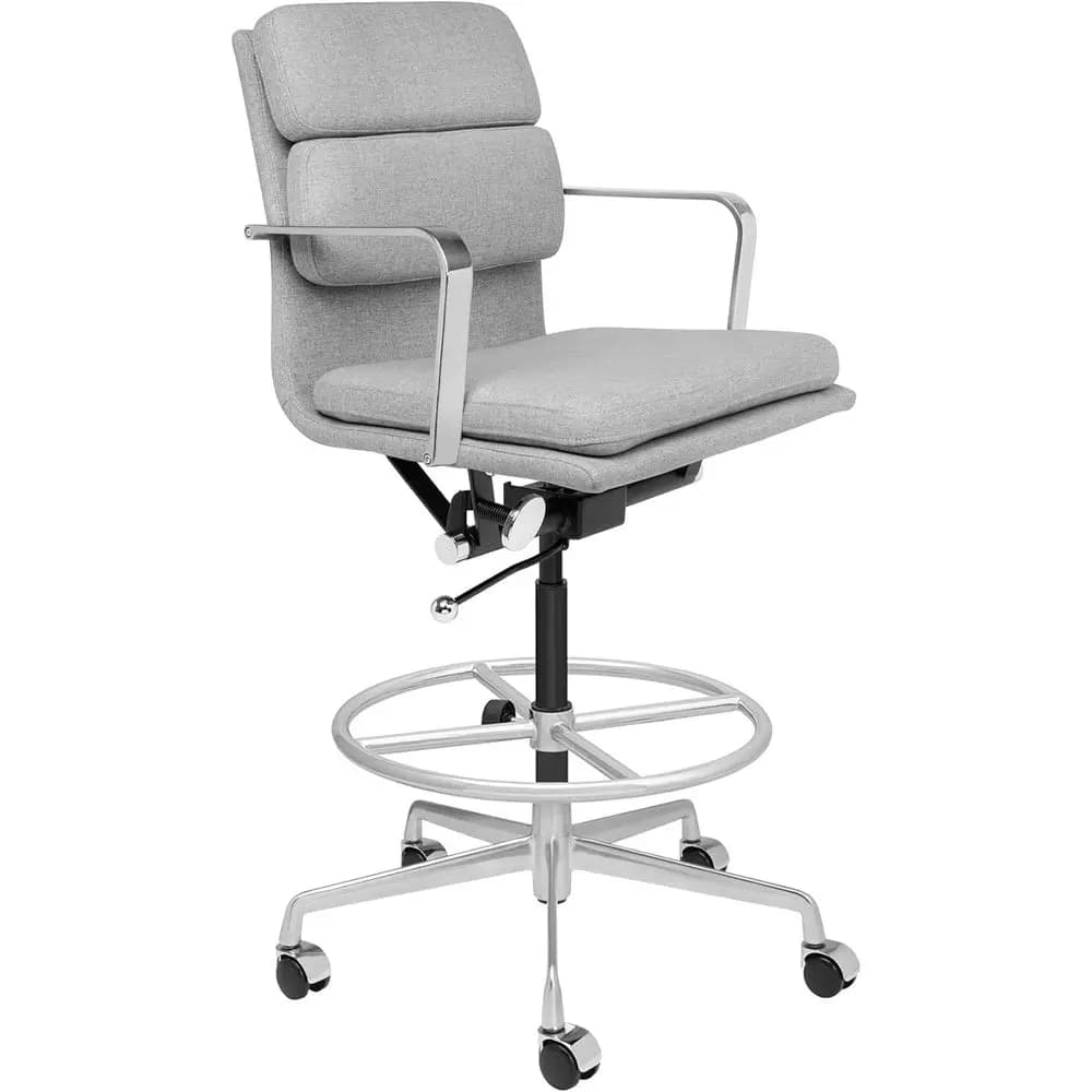 Sedia da disegno ergonomica imbottita o sedia da scrivania regolabile in altezza con braccioli e cuscino, tessuto in policotone grigio