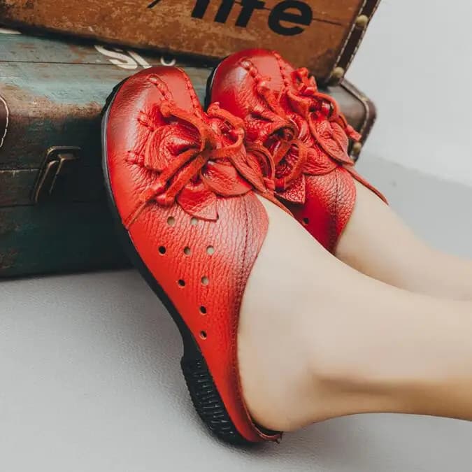 Women's Genuine Leather Hollow Sandals with Flowers Pattern Daily Slip-On Ladies Shoes Spring Season Comfortable Footwear