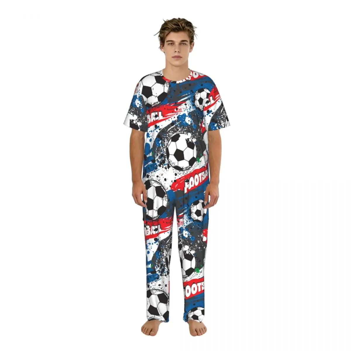 Pigiama da uomo a maniche corte, due pezzi, con pantaloni, Campionato di calcio francese, con pallone e bandiera francese, abbigliamento da casa, pigiama.
