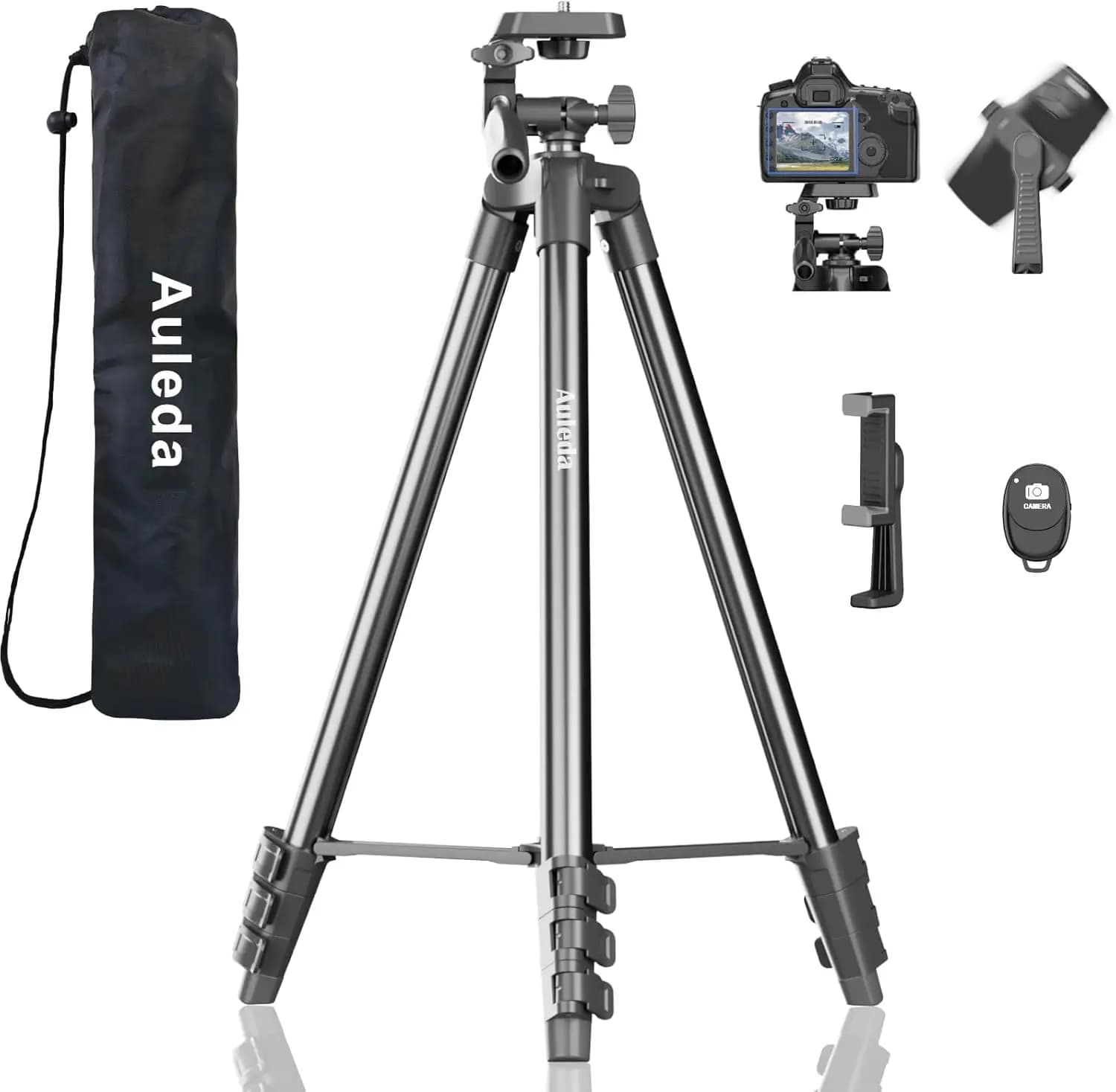 Treppiede da Viaggio Leggero 60 Pollici per Fotocamere DSLR con Telecomando Wireless, Supporto per Telefono, Borsa, Carico Massimo 6,6 LB Nero