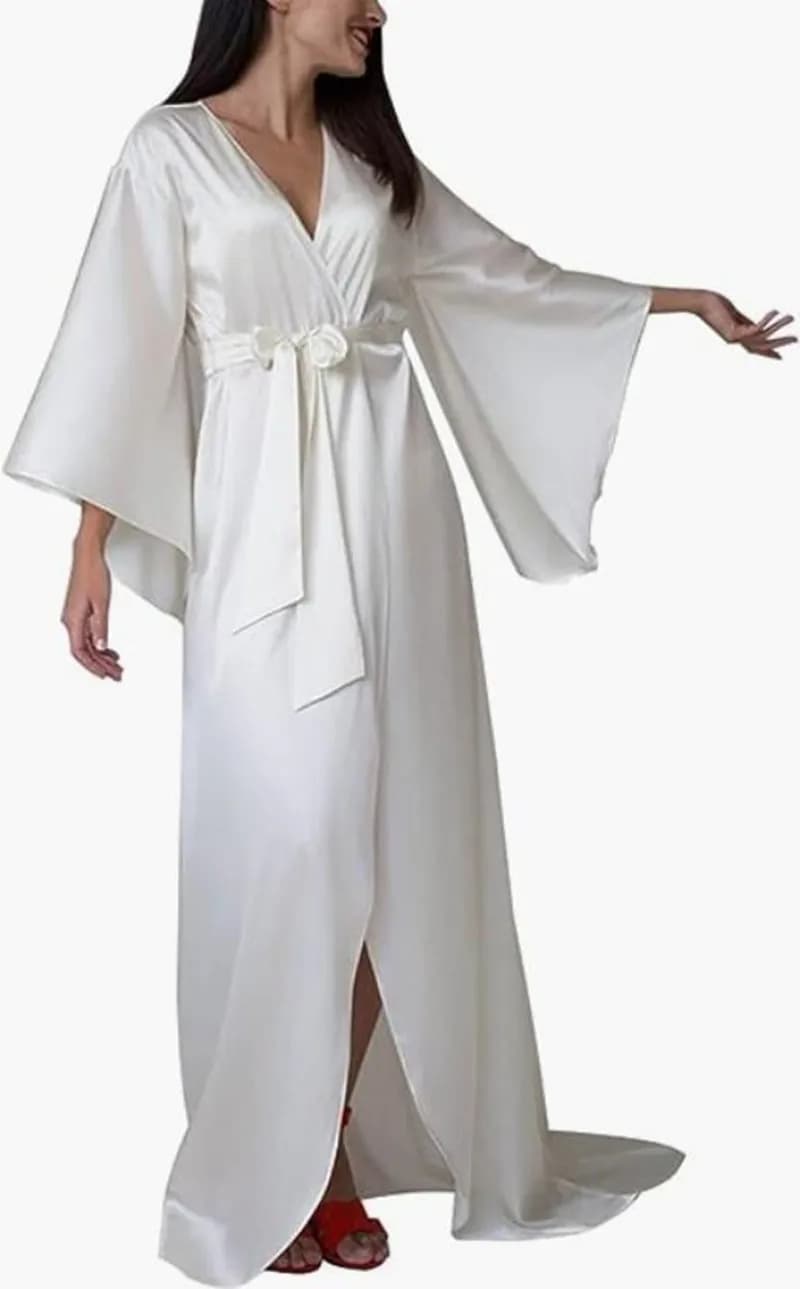 Women's White Wedding Wraps Kimono Long Satin Bathrobe Soft Nightwear with Lace Finishes Bridal Dress