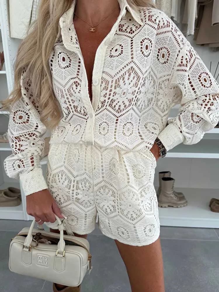 Set camicia e pantaloncini da donna scava fuori top sexy con maniche in pizzo streetwear pantaloncini estivi da 2 pezzi set Dropshipping all'ingrosso