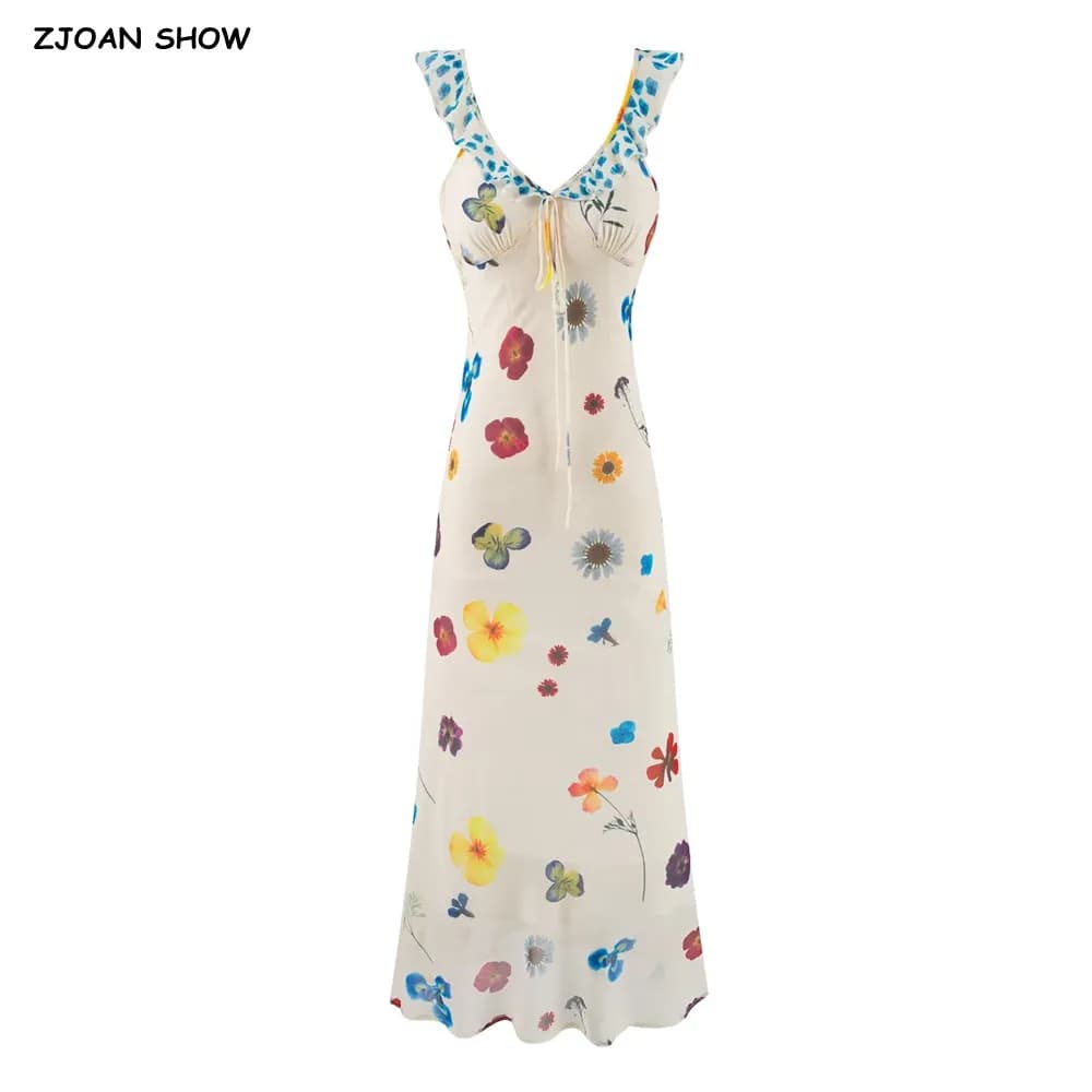 Sexy Apricot Floral Bow V neck Ruffles Strap Sling Dress Women Slim Waist Side Zipper A-lined Long Tank Dresses Vestidos Robe