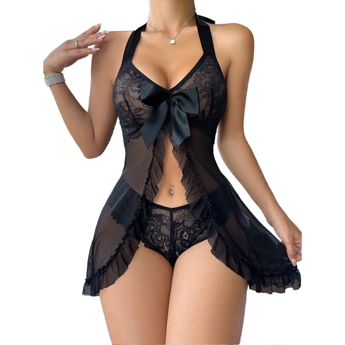 Babydoll sexy diviso in pizzo floreale Semi-trasparente con fiocco a V profondo Abito con volant e mutandine Set di biancheria intima Lingerie erotica da donna Camicia da notte