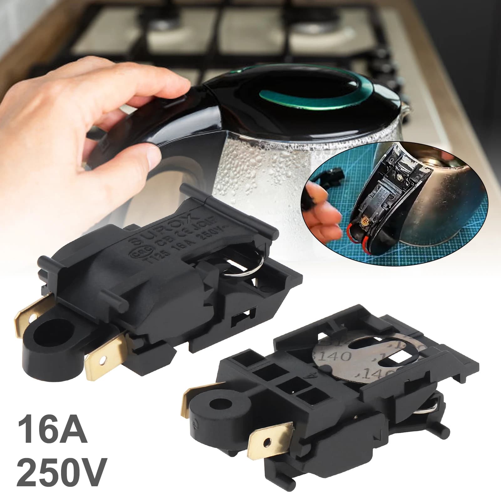 2pcs 16A Automatic Power Off Electric Kettle Switch Thermostat Control, Black Automatic Power Off Switch Electric Tools