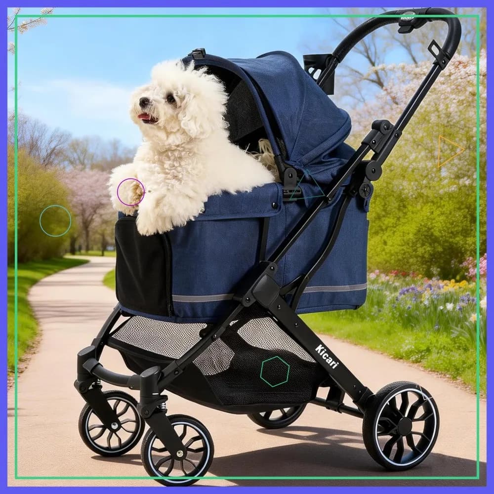 Passeggino per Cani di Piccola e Media Taglia, Pieghevole con Una Mano, Tettuccio Impermeabile e Anti-UV, Blu Notte