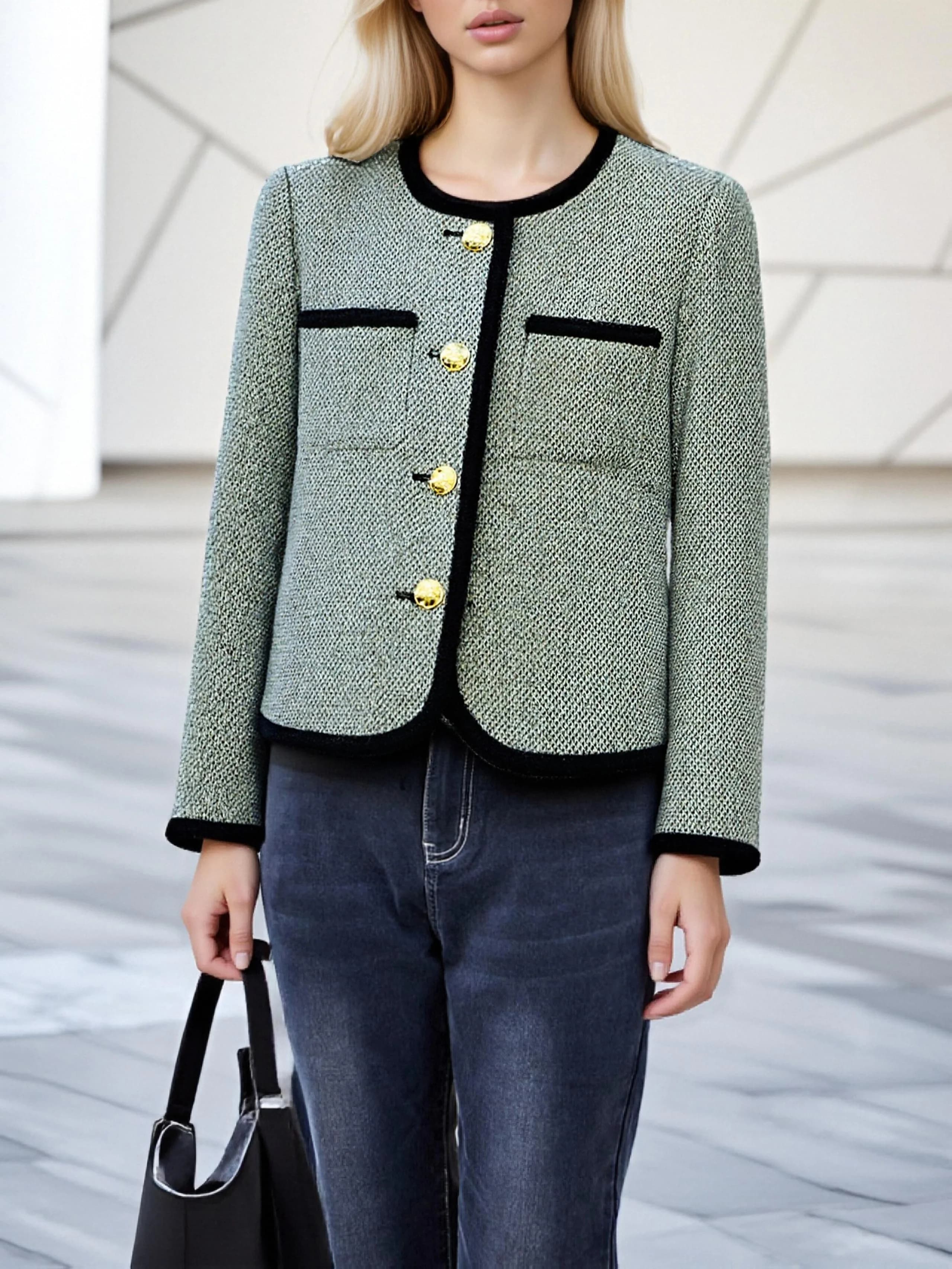 Spring Autumn Elegant Women Gray Tweed Blazer O-Neck Black Trim Gold Buttons Casual Short Jacket 28351