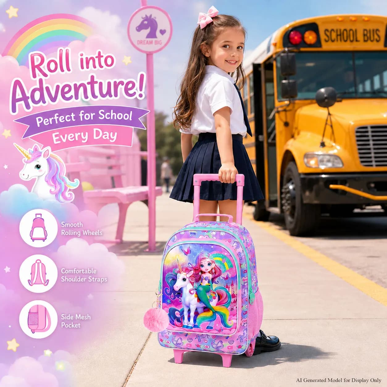 3Pcs Girls Mermaid Unicorn Rolling Backpack Set Rainbow Fantasy Trolley Bag with Handbag Pencil Case for Kids School Trip