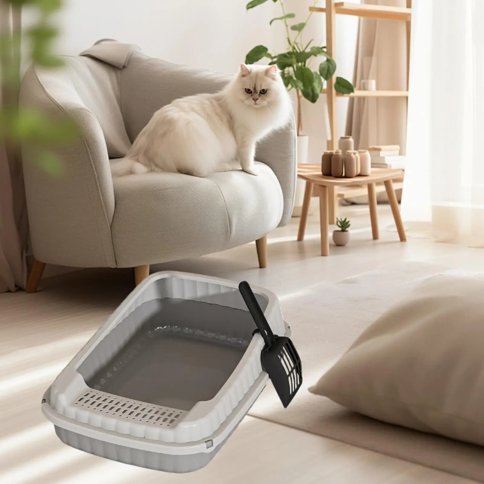 Cat Litter Box Open Top PP with Added Frame Anti Mess Easy Maintenance Shovel for Apartment Cats