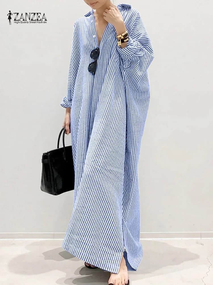 Abito Camicia Primaverile alla Moda 2026 ZANZEA, Vestito Lungo a Righe con Colletto e Maniche Lunghe per Donna, Abito Casual da Lavoro OL Oversize