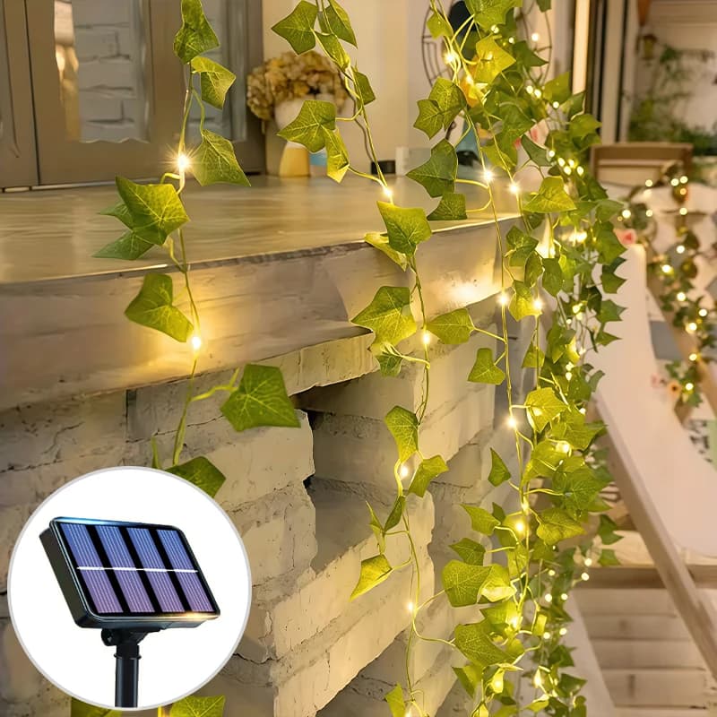 Luci Fatate Verdi con Foglie di Edera Artificiale a Energia Solare, 8 Modalità per Decorazioni da Giardino, Matrimoni e Natale