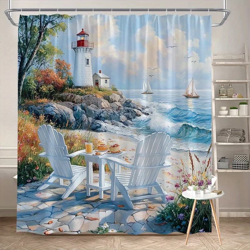 Tenda da doccia Coastal Lighthouse - Design artistico digitale con barche a vela, sedie e foglie autunnali, tenda in poliestere a tema spiaggia