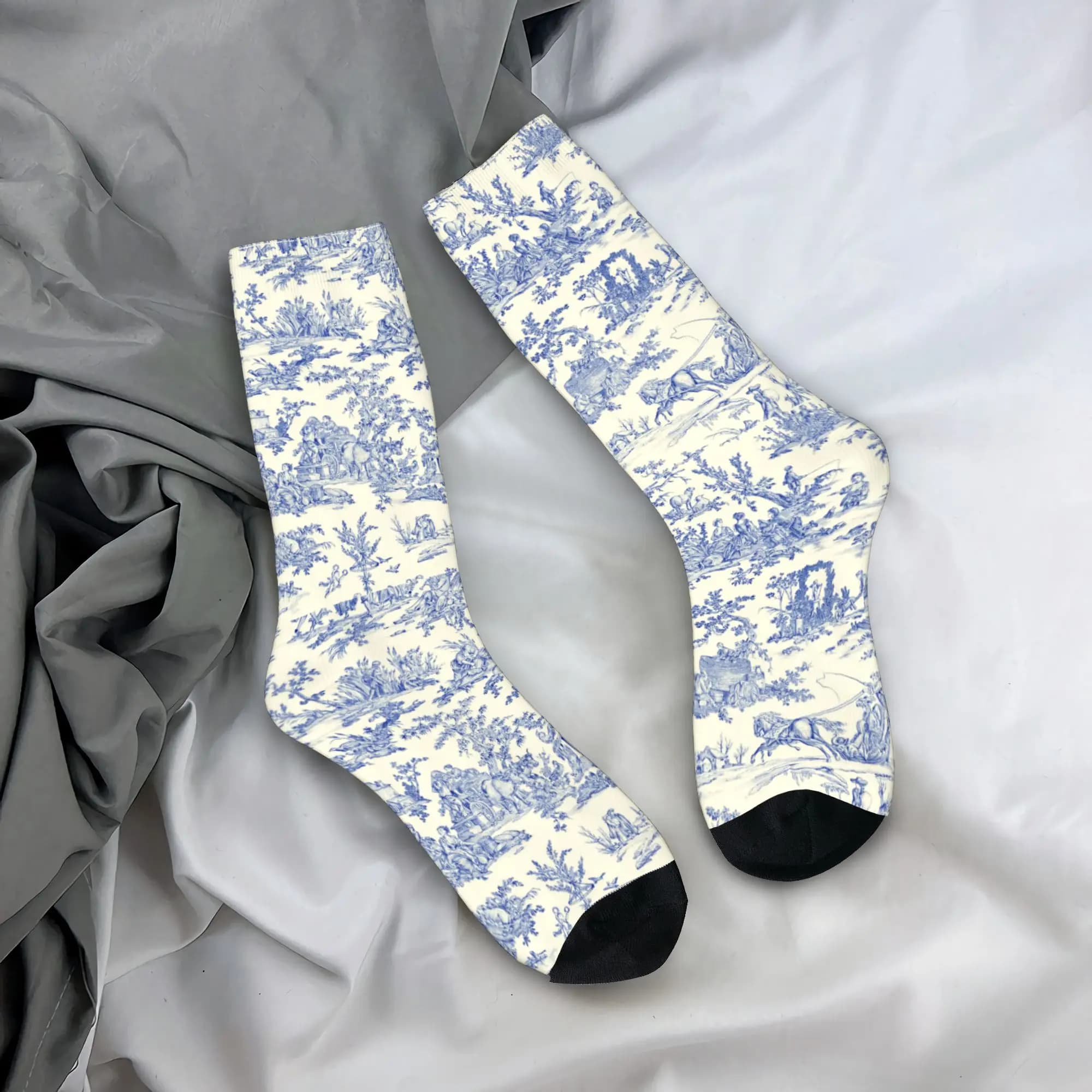 Calzini Personalizzati con Motivo Tradizionale Toile de Jouy Blu Navy, Calze Eleganti per Primavera, Estate, Autunno e Inverno