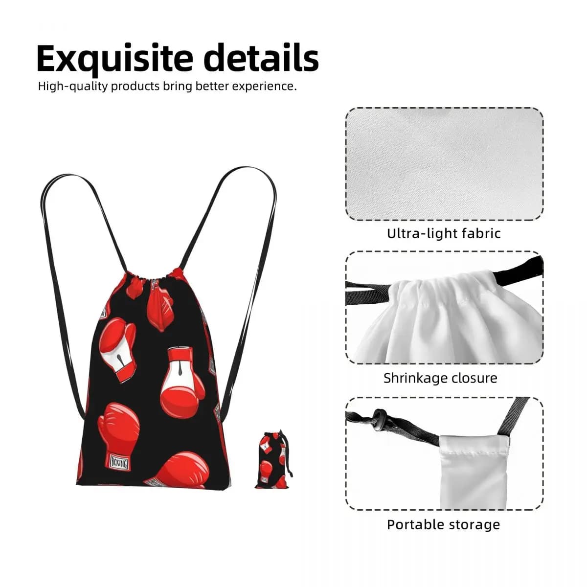 Red Boxing Gloves Drawstring Backpack Sports Gym Bag Portable Travel Drawstring Bag for Men Women