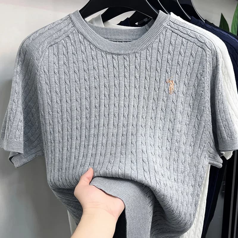 T-shirt da uomo vintage a mezza manica in maglia ricamata di lusso stile Old Money 2026 - Nuova collezione