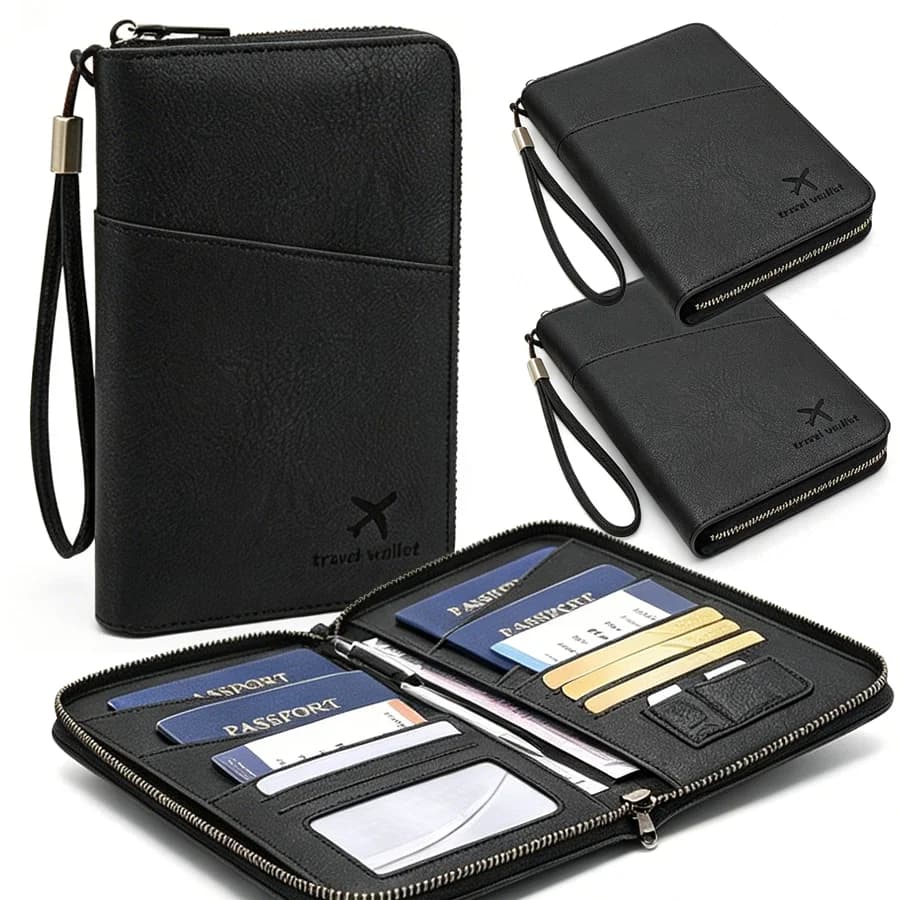 1pc Zipper Closure RFID Protection Passport Holder, Black Multi-Pocket Travel Document Storage Case, Faux Leather Wallet XJM
