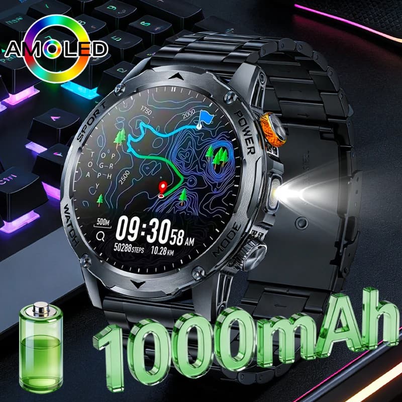 LIGE Nuovo Smartwatch con Batteria da 1000mAh per Uomo, GPS, Bussola, Impermeabile IP68, Tracker Sportivo per Attività all'Aperto, Orologio Intelligente Militare da Uomo