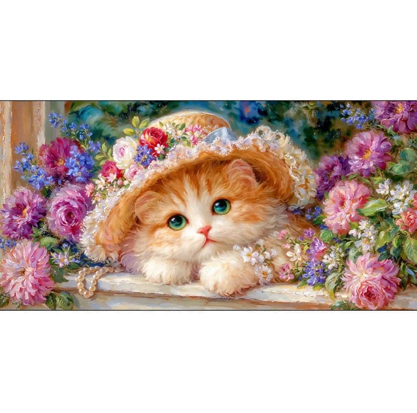 9CT 100X55CM Cute Flowers Cat Needlework,DIY Printed Cross Stitch,Set For Embroidery Kit Full Cotton Threads 59 Colors