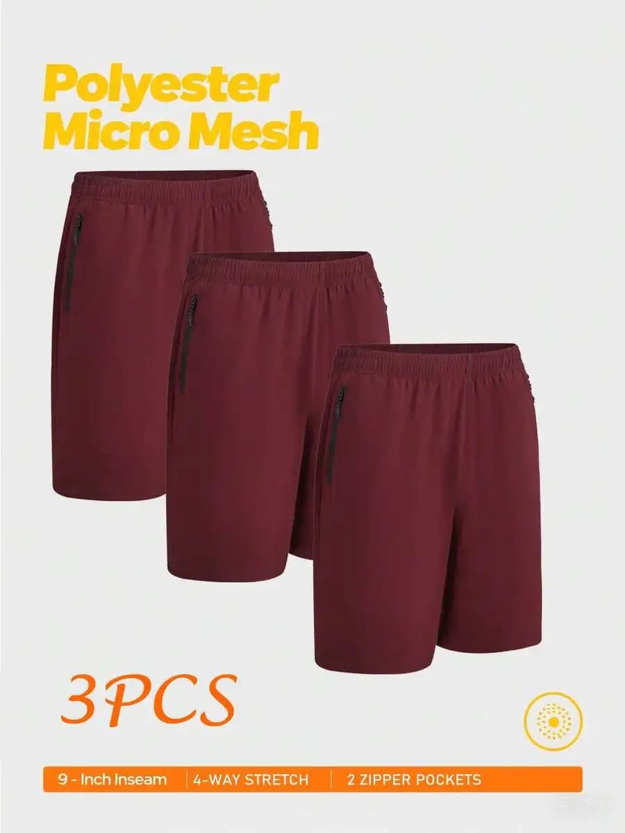 Set di 3 Pantaloncini da Uomo in Microfibra di Poliestere, Lunghezza Interna 9 Pollici, con Tasche con Zip e Vita Elastica