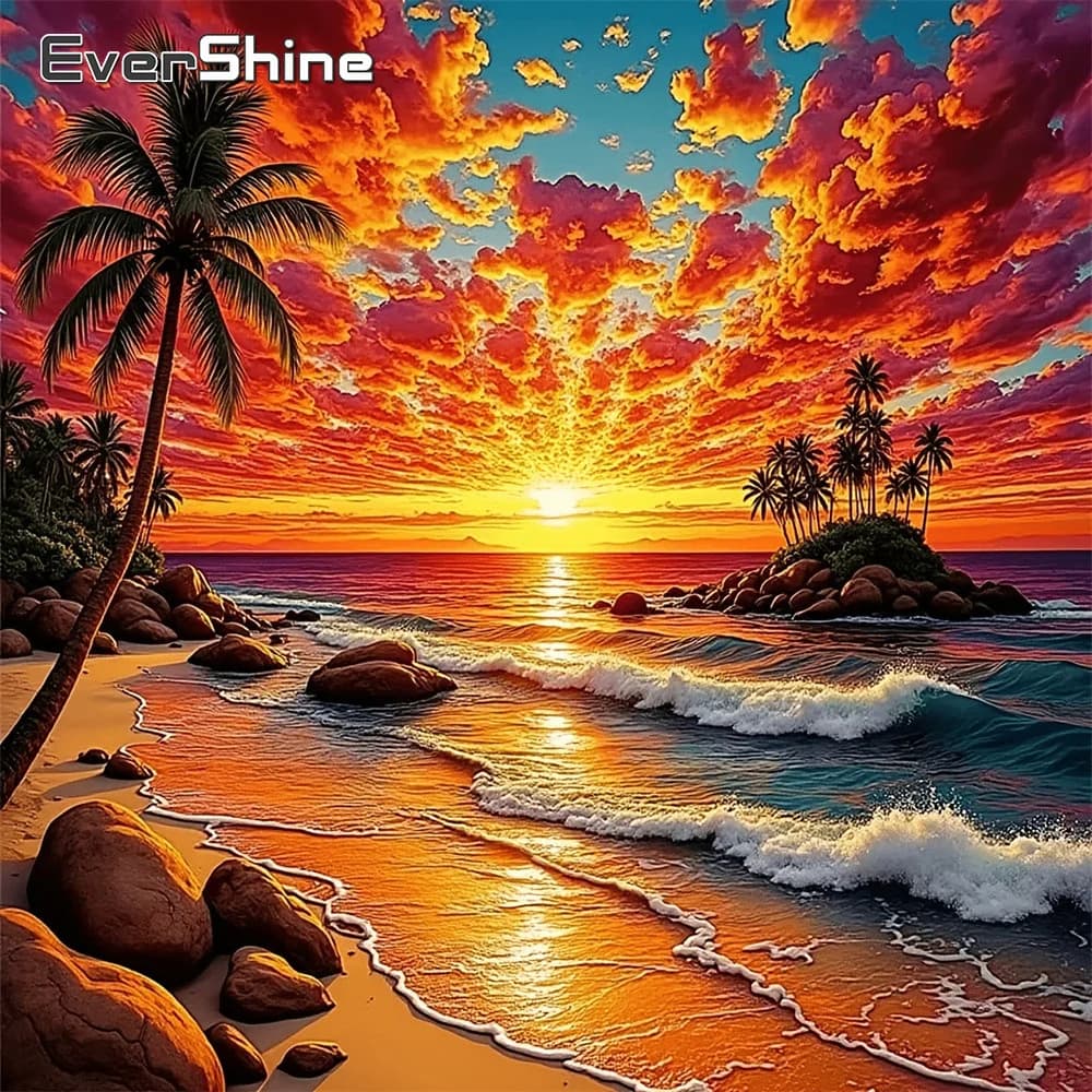 EverShine Diamond Mosaic Paesaggio Marino con Albero, Pittura Fai da Te con Strass, Ricamo a Punto Croce Quadrato Completo, Hobby Fatto a Mano