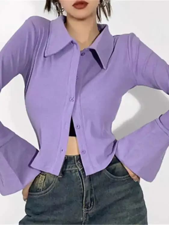 Autunno nuova camicia a maniche svasate con colletto polo maturo leggero da donna Vita stretta Top casual slim solido AUHB