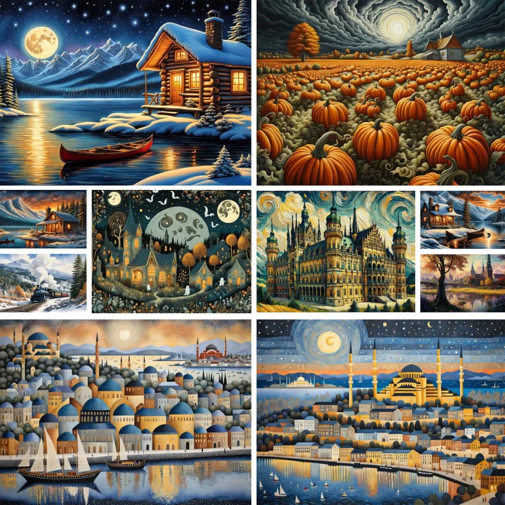 Landscape Fantasy House Printed Canvas Cross Stitch Set DIY Embroidery Sewing Craft Handiwork Needlework Design Sales Jewelry