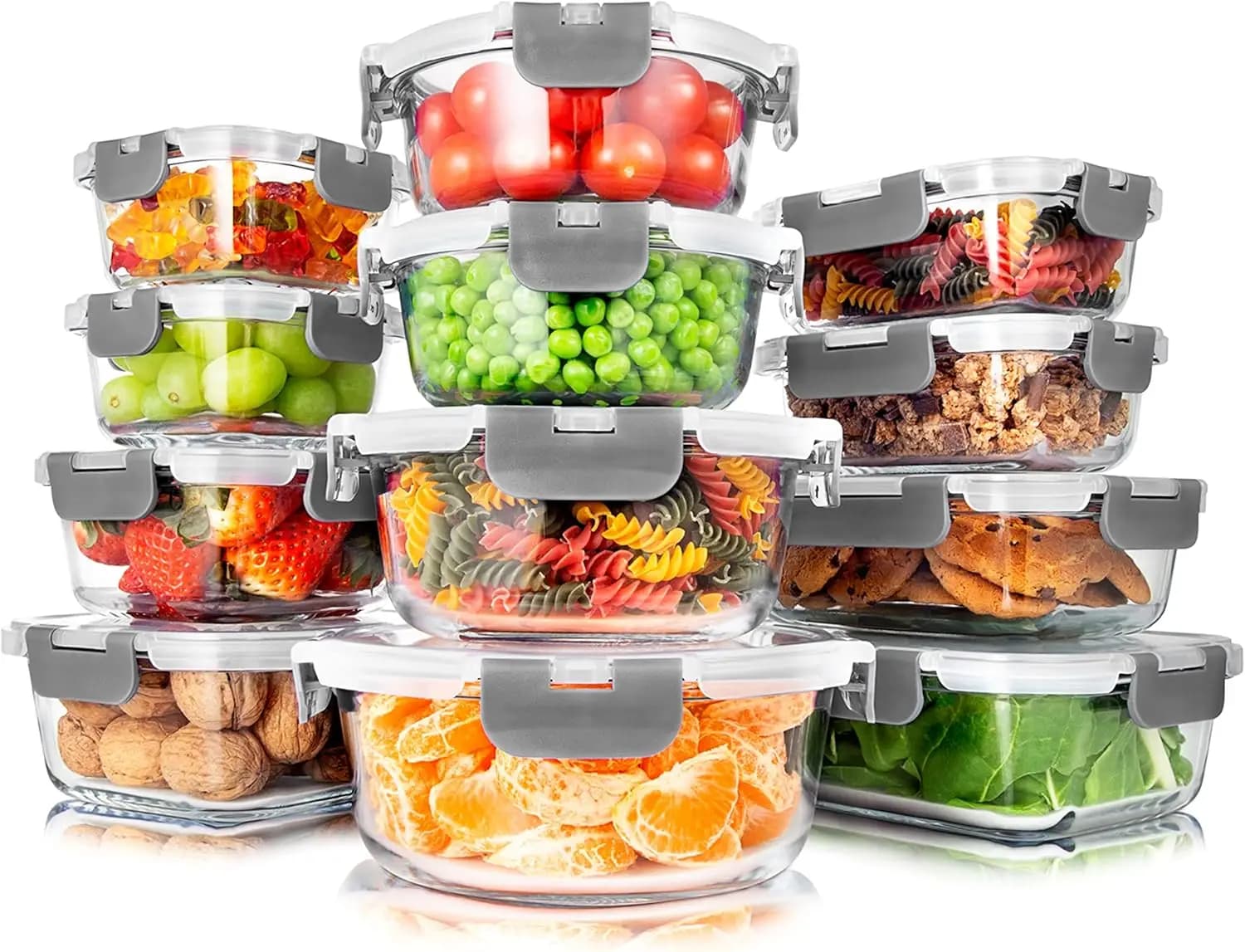 Set di contenitori per alimenti in vetro da 24 pezzi con coperchi, a prova di perdite, adatti al congelatore e al lavastoviglie per la preparazione dei pasti