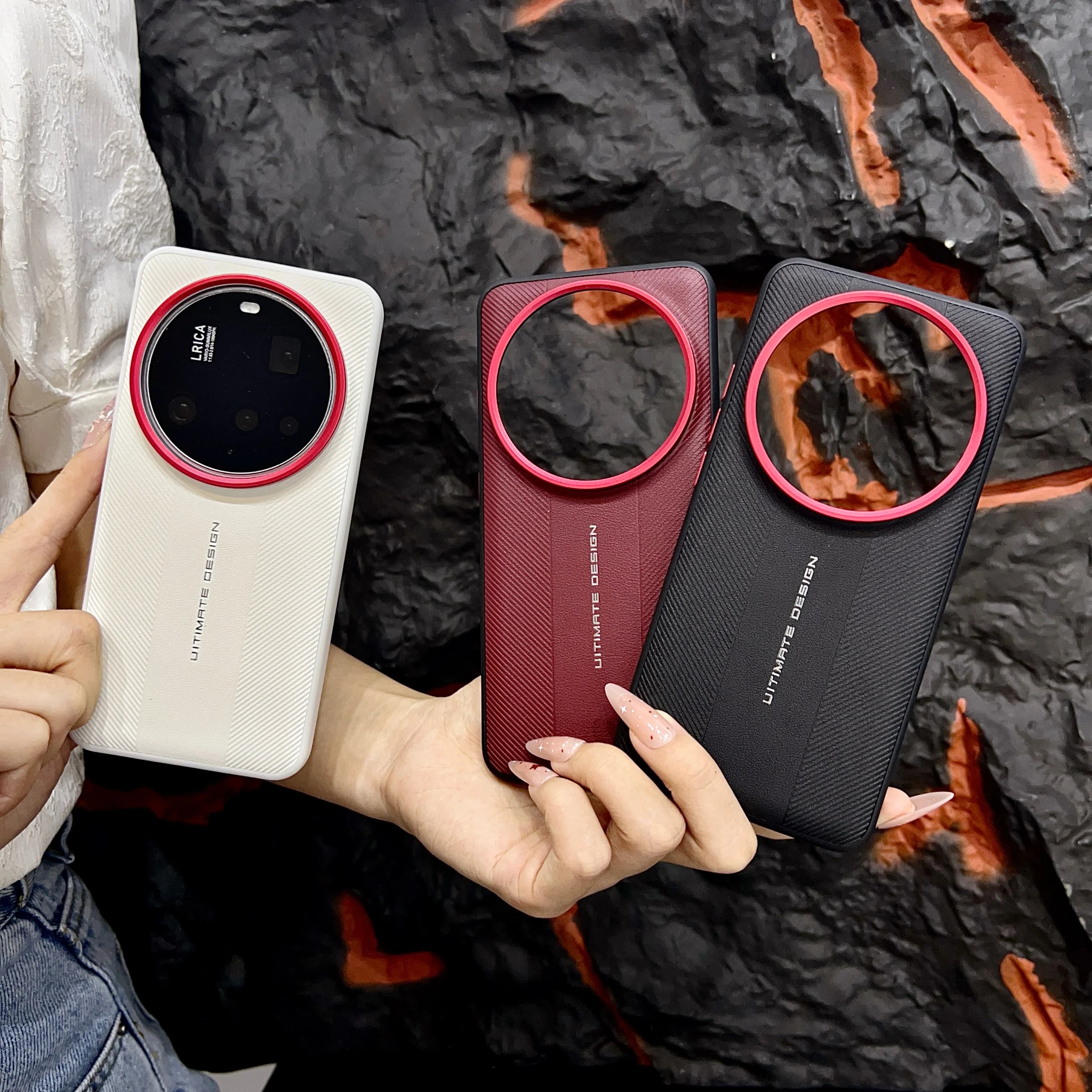 For Xiaomi 15 Ultra 14 Ultra 13 Uktra leather texture solid color red lens ring shockproof and fingerprint-resistant phone case