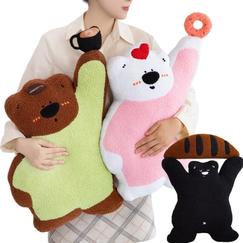 Sweety Brown Colour Bear hug Coffee White Bear Black Bear with Donut Black Bear with Baguette Throw Pillow Cushion Home Decor