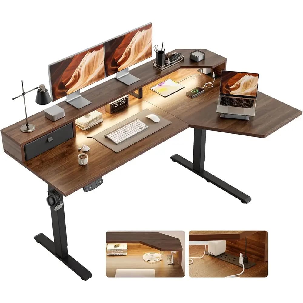 Scrivania a L da 63 pollici con altezza regolabile, scaffalature, prese di corrente, luci LED e supporto per monitor, finitura noce