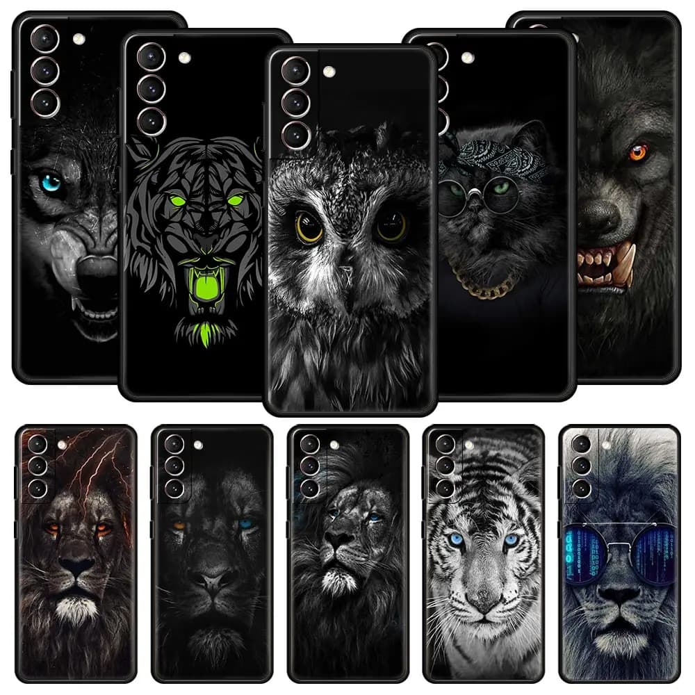Cover Morbida Nera con Animali Leone Lupo Tigre per Samsung Galaxy S26 Ultra S25 Plus S24 FE S23 S22 5G S21 S20