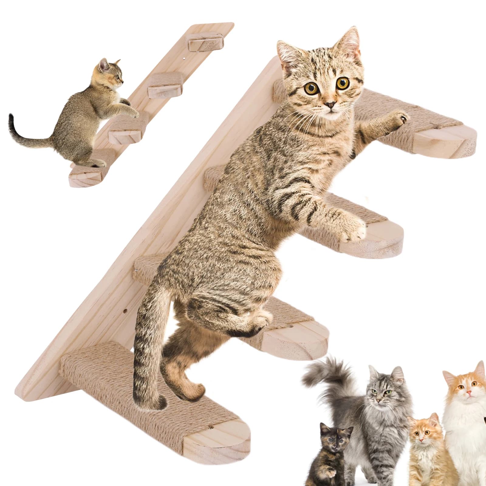 Scaletta per Gatti da Parete in Legno, Mensola Rampicante a Quattro Gradini, Scaffali a Parete per Gatti, Posti di Riposo, Accessori per Alberi per Gatti