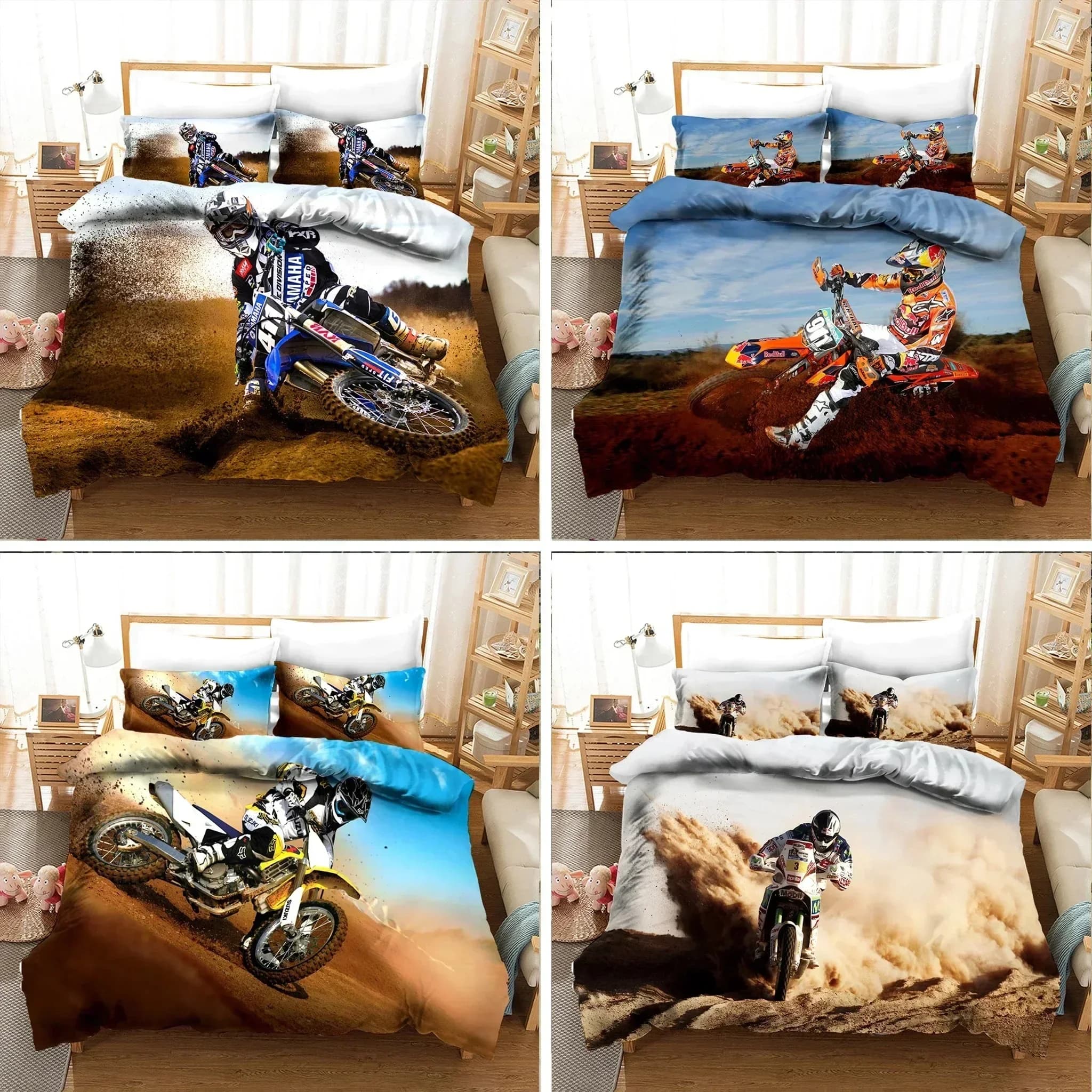 Set di biancheria da letto di lusso con stampa moto, set copripiumino con federa, copriletto da motocross, set da letto per ragazzi