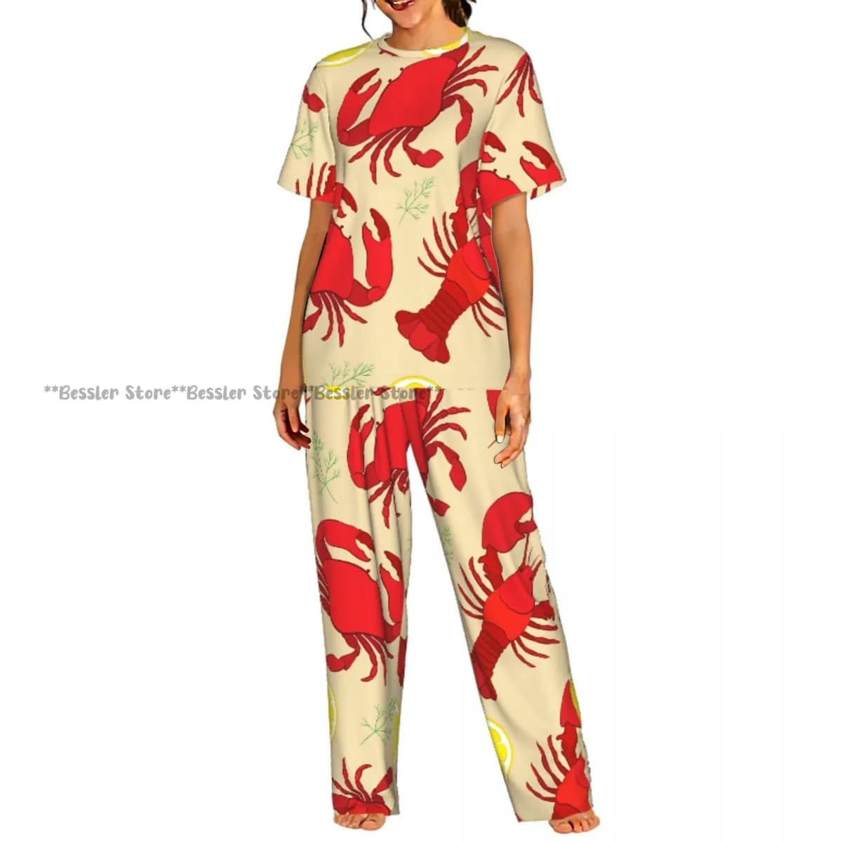 Women's set in 2 pieces, pajamas with lobster print and crab, lemon and anet, short sleeve top and trousers.