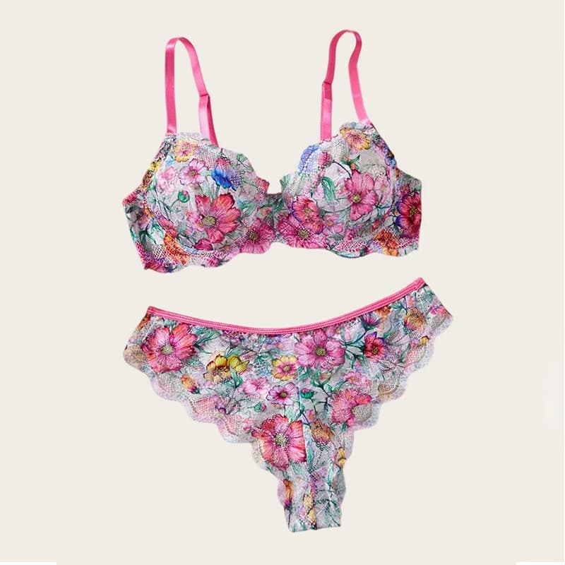Lingerie Sexy Femminile con Stampa Floreale, Set Reggiseno e Mutandine in Rete, Intimo Estivo Ultra Sottile in Pizzo