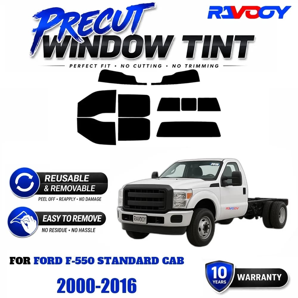 RAVOOY Precut Window Tint, Reusable Removable EPU Film, Custom Fit for Ford F-550 Standard Cab 2000-2016, UV Heat Protection